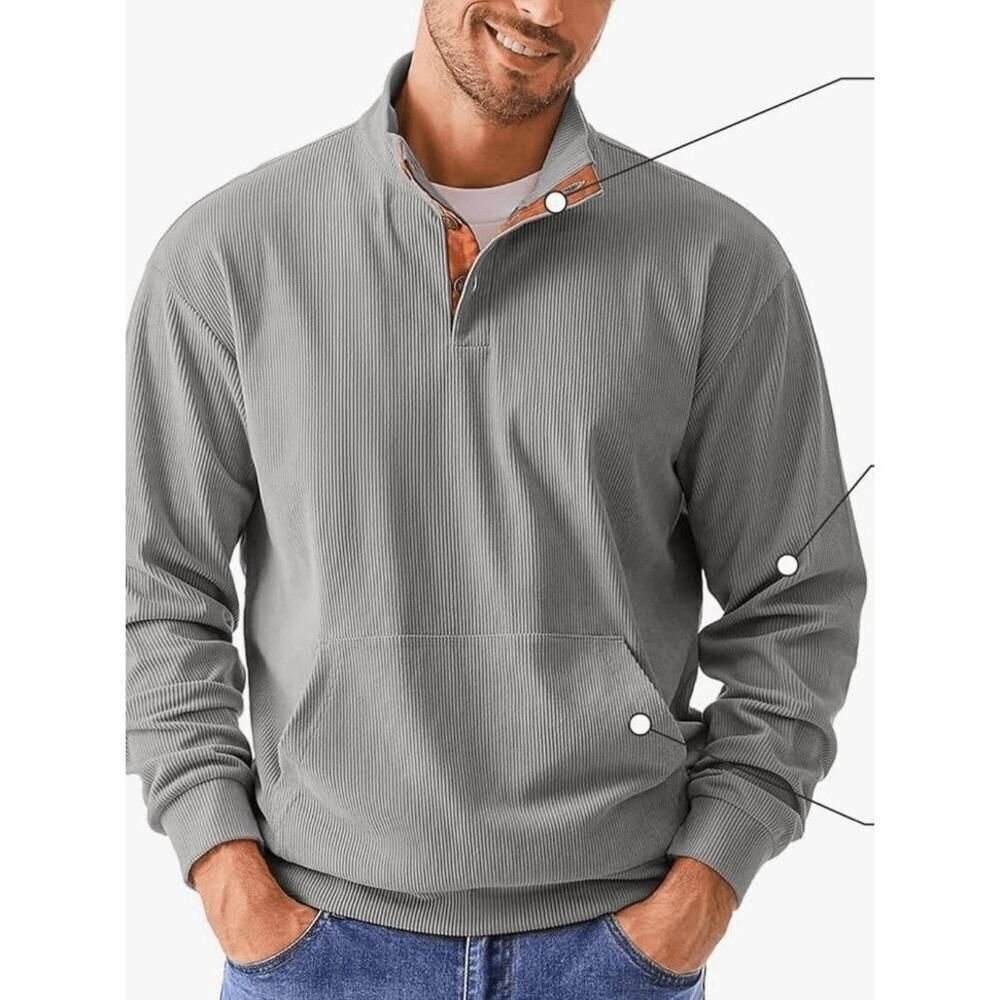 JMIERR L NWT grey Corduroy Sweatshirt Long Sleeve Stand Collar Button Pullover